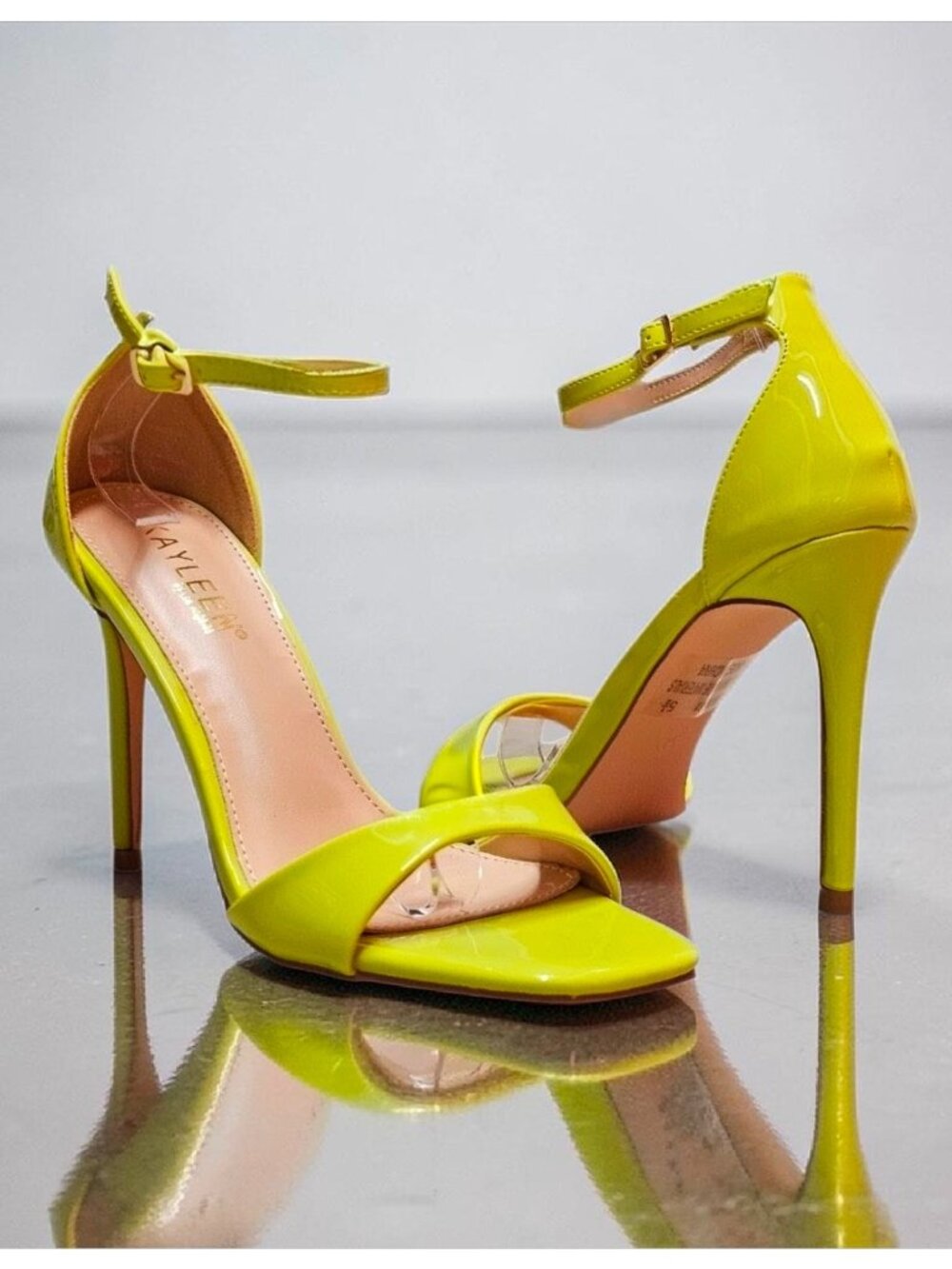 Lime Neon Patent Leather Stiletto Heels With Ankle Strap & Open Toe Design Women